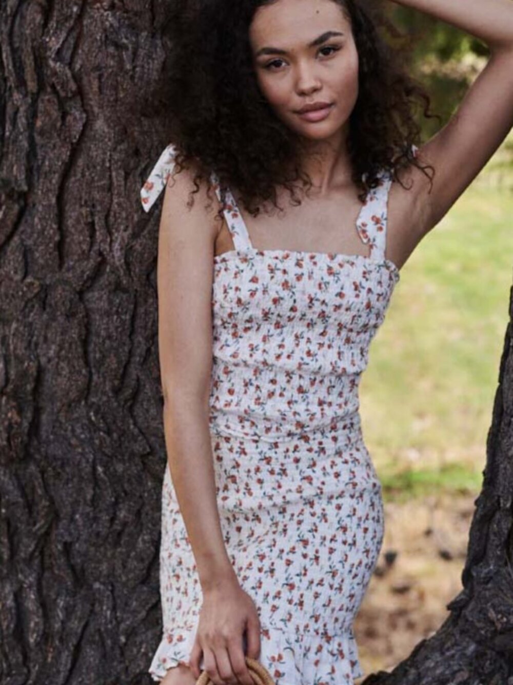 Abercrombie & Fitch Smocked Floral 2 Piece Set Crop Top Skirt in White Peach S